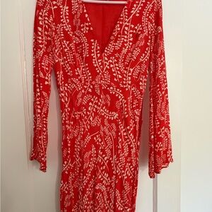 RIXO Red and White Long Sleeve Dress